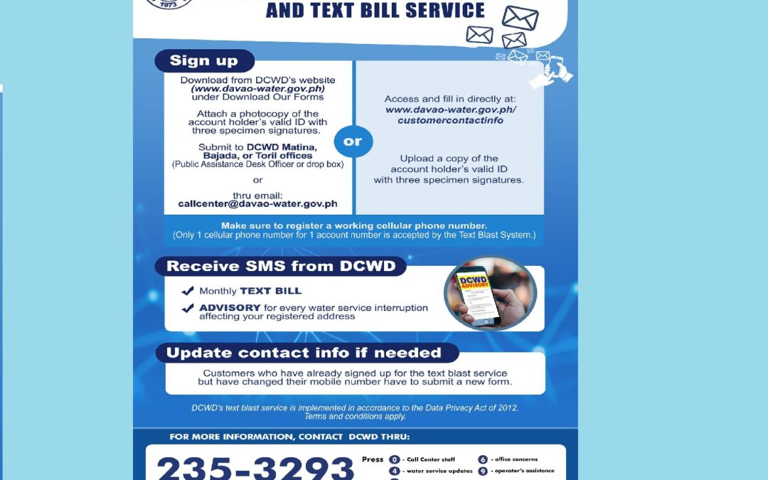 Avail of DCWD’s text blast service to receive water service updates and text bill services